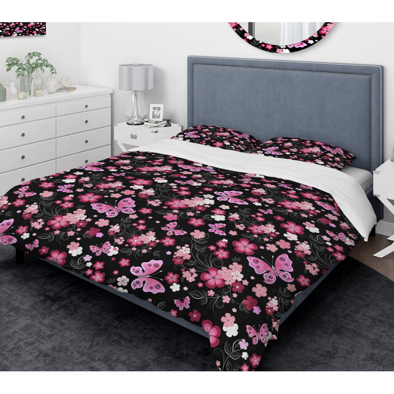 Ensemble de housse de couette papillons et fleurs styliséées designart, Housse de couette très grand + 2 taies décoratives