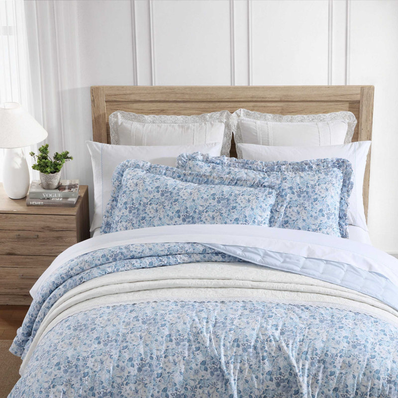 Laura Ashley Quartet Ruffled Blue Quilt Set, Queen Quilt + 2 Standard Shams