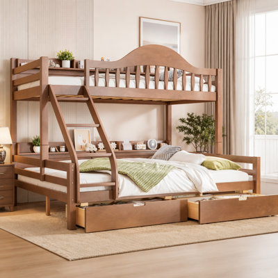 Lit superposé simple au-dessus de grand lit simple avec tiroirs de rangement, garde-corps courbé chic et tablettes de rangement latérales, structure de lit superposé en bois massif avec échelle, pas de sommier nécessaire, naturel profond