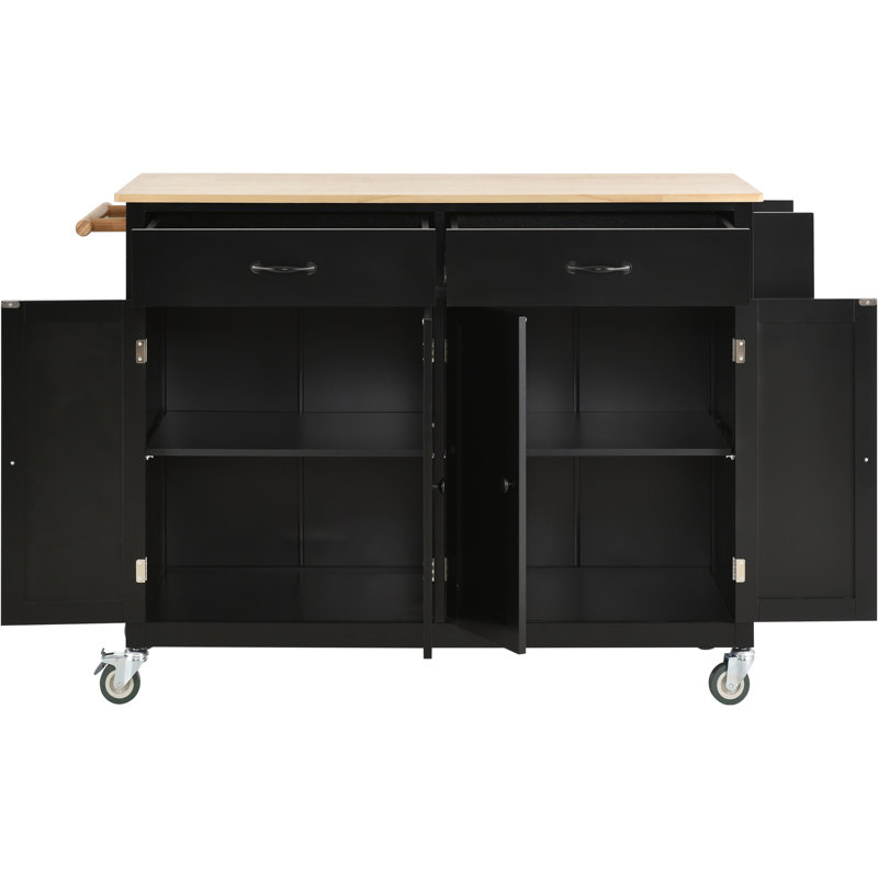 Kitchen Island Cart With Solid Wood Top And Locking Wheels,54.3 Inch Width,4 Door Cabinet And Two Drawers, Black