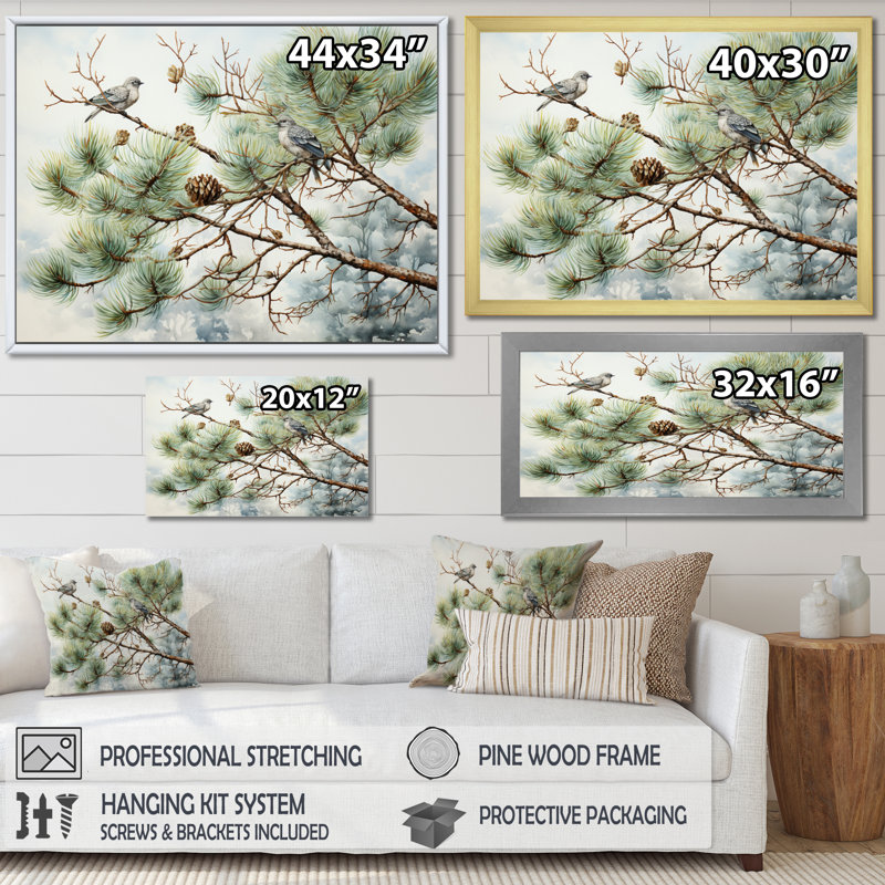 Oiseau sur pin I - Art mural pin, H 24 po x l 32 po x P 1 po, Cadre simple blanc