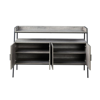 Meuble télé de 52 pouces avec cadre en chêne gris et noir, structure en métal, 4 portes de rangement, 1 compartiment ouvert, idéal pour 50 59 installations dans des espaces de vie fonctionnels noirs, systèmes compatibles avec espaces principaux