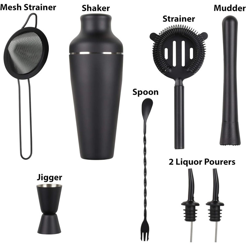 Matte Black 8-Piece Stainless Steel Cocktail Shaker Set with Bamboo Stand