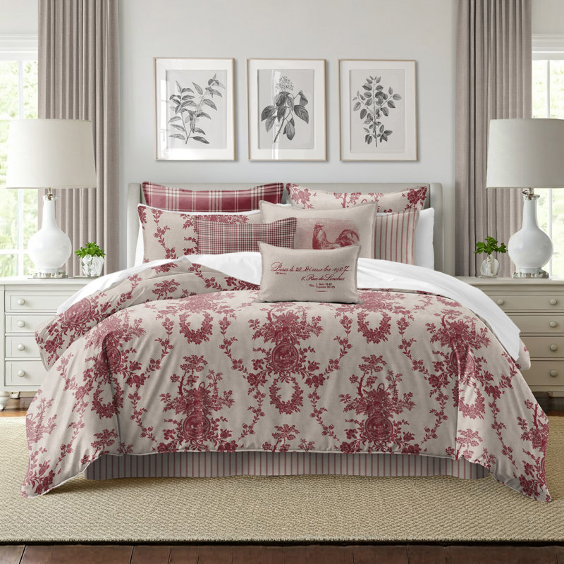 Country Lane Toile Crimson Cotton Duvet Cover Set  8 Piece, Super King Duvet Cover + 7 Additional Pieces