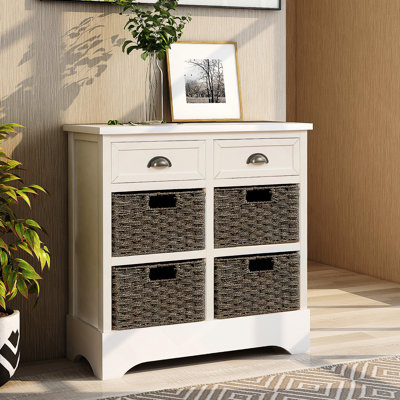 Elegant Acacia Wood Accent Locker with Wicker Baskets and Aluminum Handles, Perfect for Organized Storage and Modern Decor.