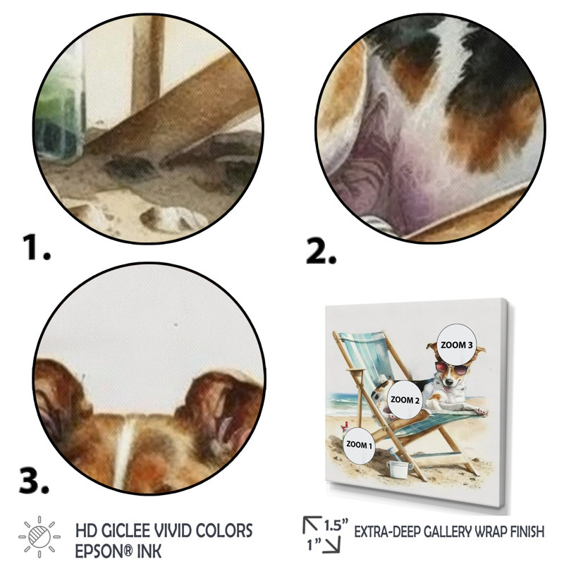 Chien couché sur une chaise à la plage III - reproduction sur toile, H 16 po x l 16 po x P 1 po, Toile avec cadre flottant or