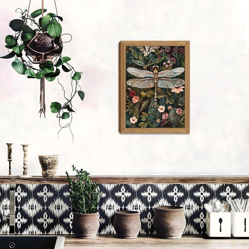 Art mural encadré rétro 3D texturé - libellule vert foncé fleurs - grès dessiné à la main photos botaniques de la nature pour le salon chambre à coucher 12 x 16 po