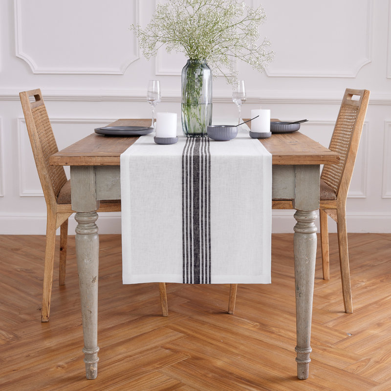 Farmhouse - 100% Pure Linen Table Runner, 60" x 14", Black/White