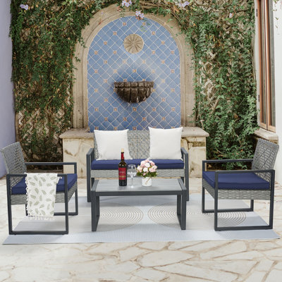Ensemble de meubles de patio 4 pièces pour balcon, porche, jardin, jardin, cour, plateau de table en bois d'acacia gris, coussin bleu et rotin gris clair
