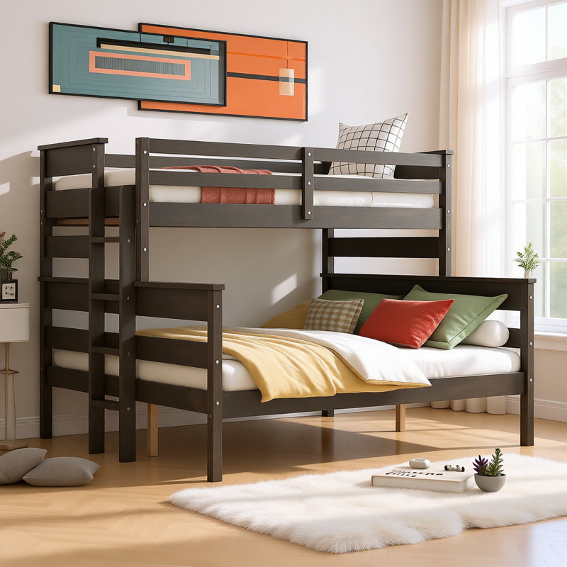 Wood Twin XL over Queen Convertible Bunk Bed with Ladder, Detachable Design, Solid Pine Frame, No Box Spring Required, Gray