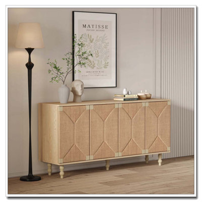 Natural Sideboard Buffet Cabinet with Handcrafted Rattan Doors
