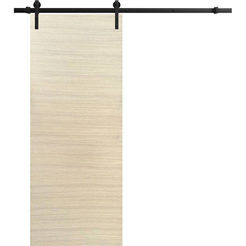Porte coulissante de style grange avec quincaillerie Planum 0010, placage naturel, supports de rail de 2 m (6,6 pi), ensemble robuste, portes intérieures modernes à panneaux pleins - 81 cm x 244 cm (32 po x 96 po) - Rail noir