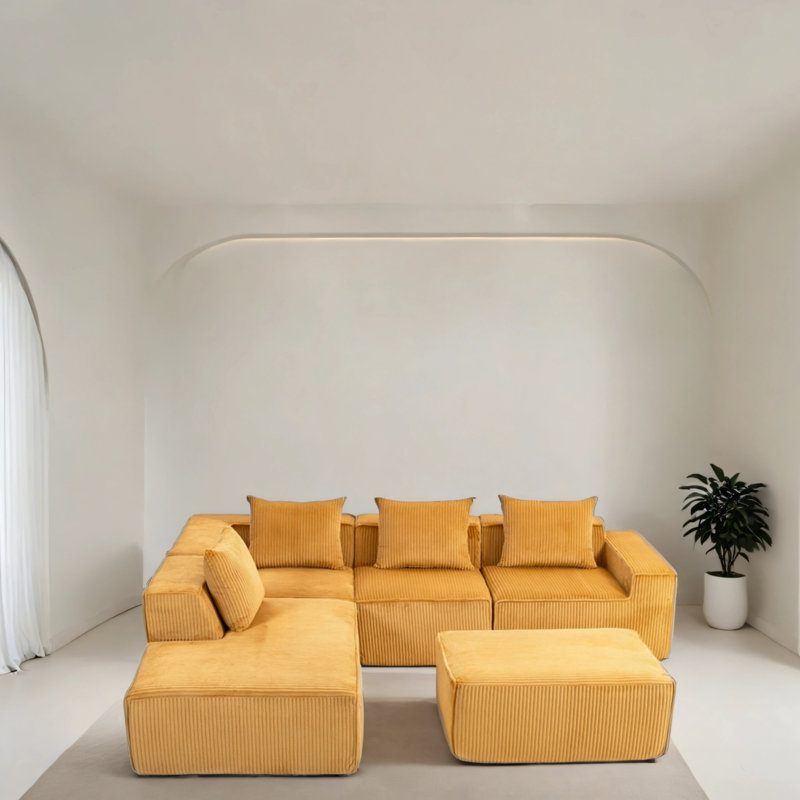 Canapé modulaire en velours avec repose-pieds, Velours côtelé orange