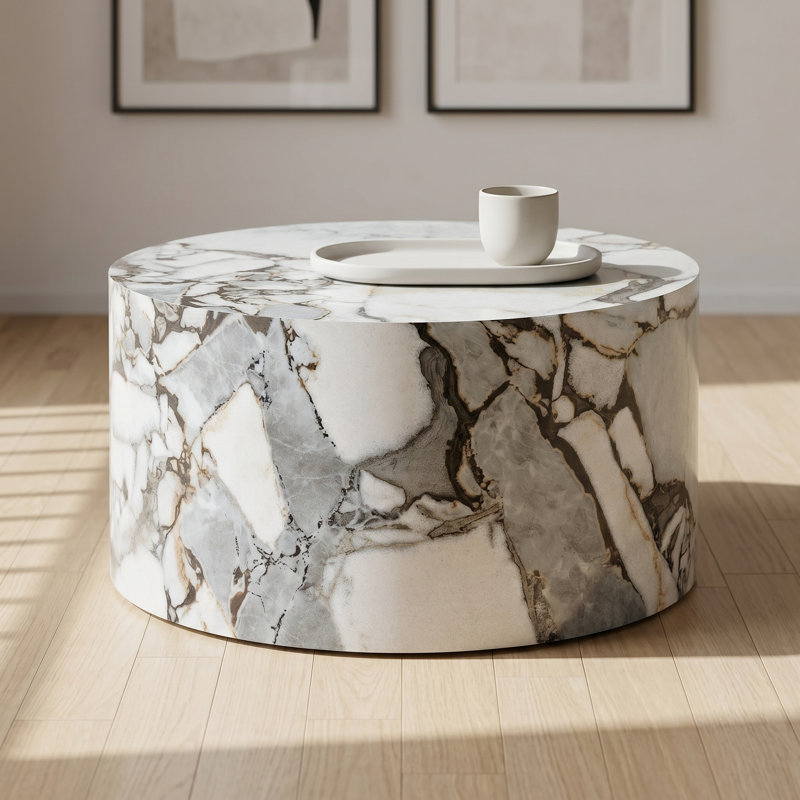 Table basse cylindrique texturée en marbre avec bords arrondis et patins antidérapants, table d'appoint en bois aggloméré à motif de pierres grasses