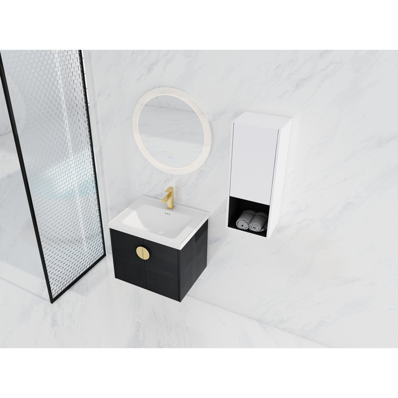 Meuble-lavabo moderne avec lavabo en céramique et tablette latérale - 24 po