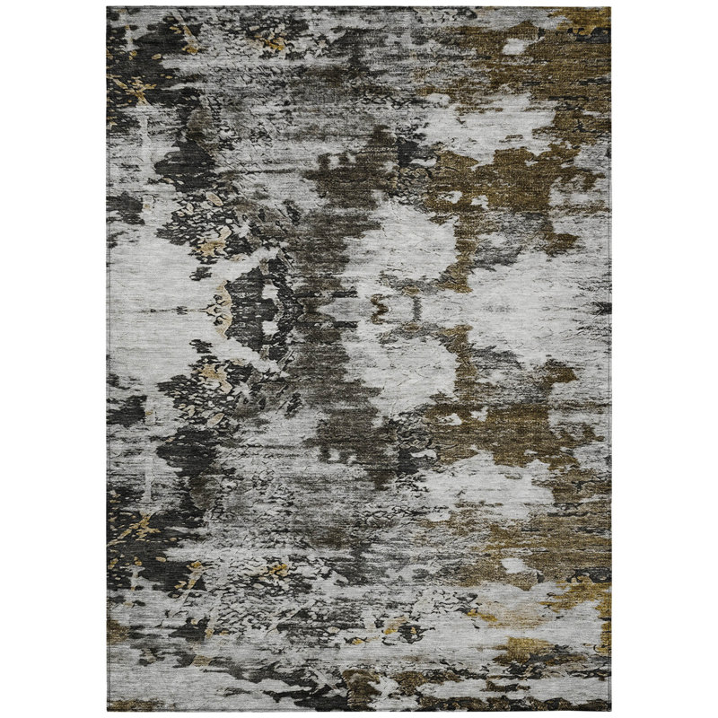 Tapis intérieur lavable abstrait taupe brun et doré 5 pi x 8 pi