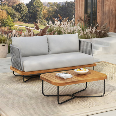 Outdoor Acacia Wood Rope Woven Loveseat&Table