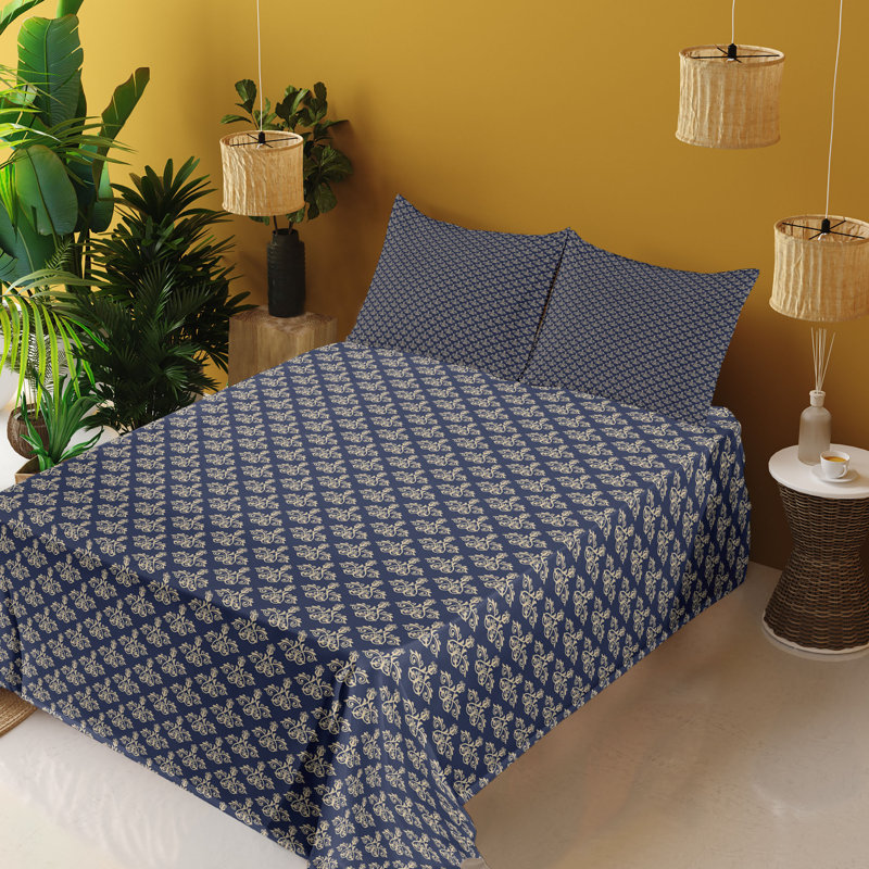 Ambesonne Royal Blue Sheet Set Floral Damask Classic Pastel Brown and Indigo, California King Sheet Set with 2 Pillowcases