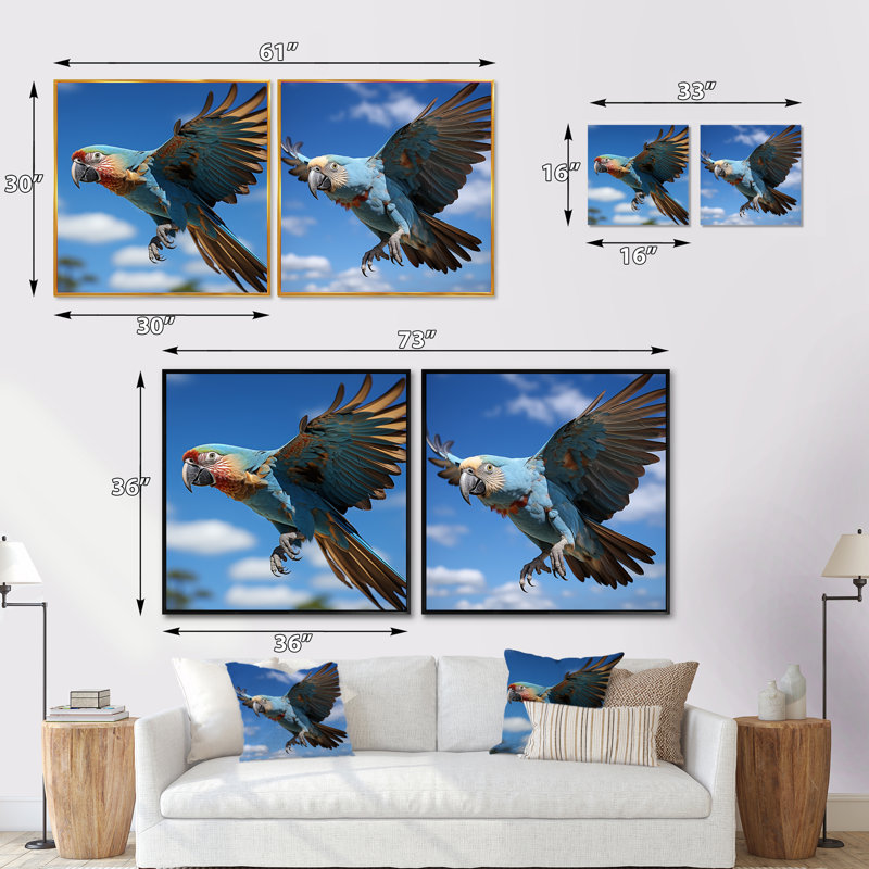 Perroquets Wings Of Beauty - animaux, ensemble de 2 perroquets carrés, Cadre flottant noir, H 16 po x l 33 po