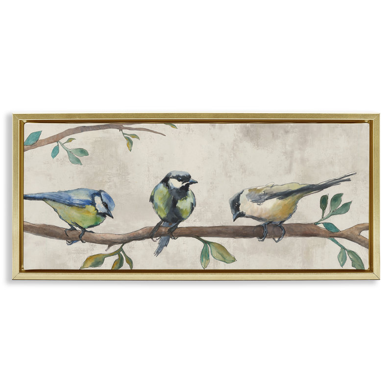 Oiseaux chanteurs perchés sur une branche, art mural sur toile flottante par Jacob Q, Cadre flottant métallique doré