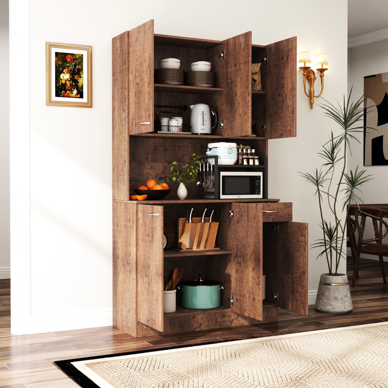 70,09 po de hauteur pour garde-robe et armoire de cuisine pour chambre à coucher. Finition noyer avec 6 portes, 1 tiroir, tablette ouverte. Chambre à coucher robuste et simple en noyer. Stable à nettoyer et à assembler
