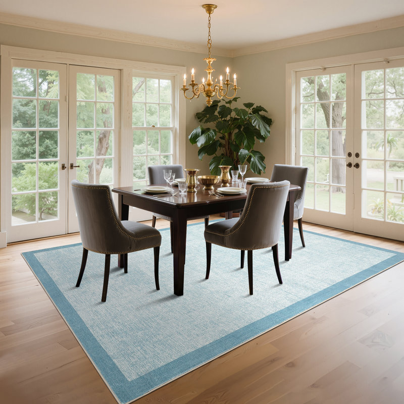 Bordered Machine Washable Rug with Rubber Backing Non Slip Soft Non Shedding Low Pile Thin Foldable Indoor Carpet, Light Blue