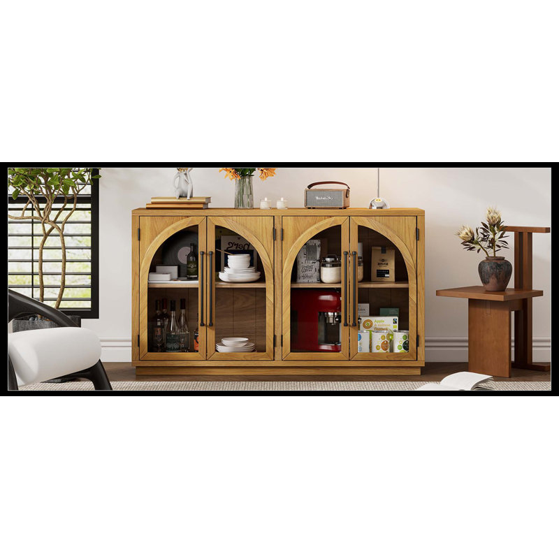 Grande armoire-buffet à 4 portes avec portes vitrées, armoire arquée avec tablettes réglables pour la cuisine, la salle à manger et le salon (bois naturel)