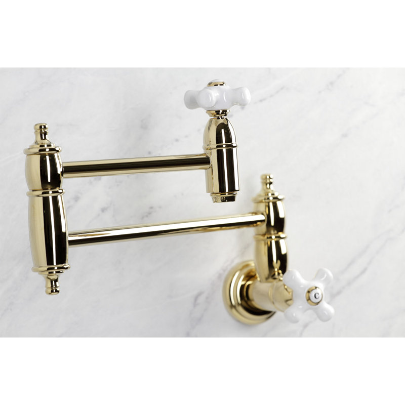 Kingston Brass Restoration Two-Handle 1-Hole Wall Mount Pot Filler Faucet, Polished Brass