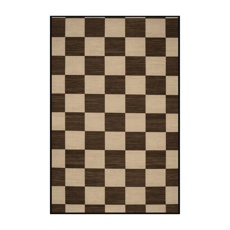 Machine Washable Checkered Brown Area Rug