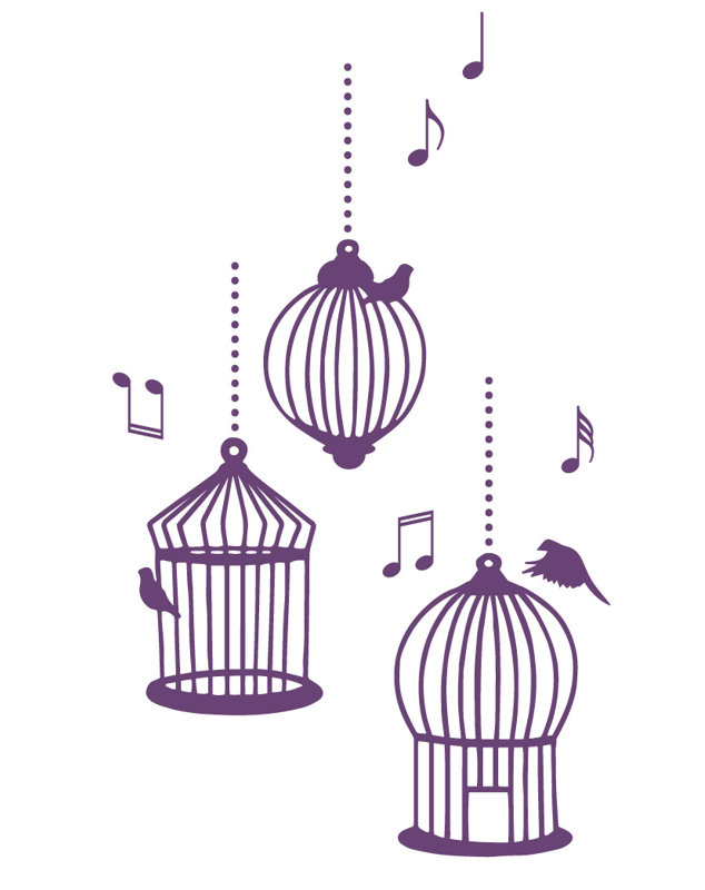 Décalcomanie murale cages d’oiseaux de chanson, H 37 po x l 22 po x P 0,01 po, Violet