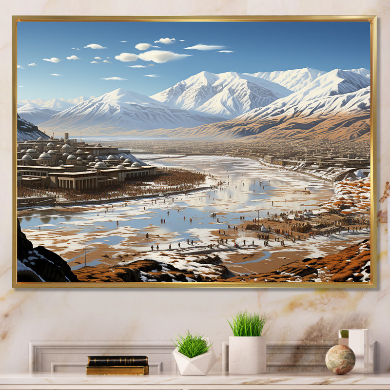 Hajj Pilgrimage II - Art mural, Cadre flottant doré, H 34 po x l 44 po x P 1,5 po