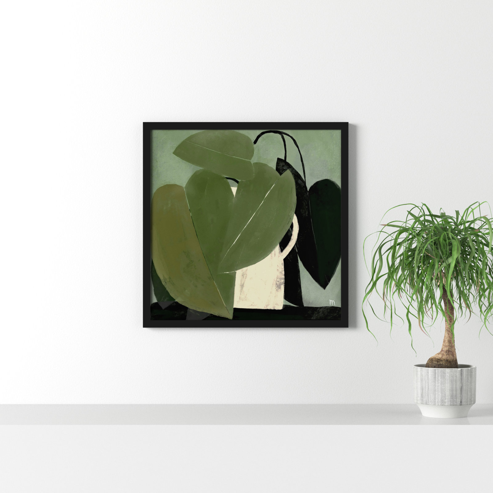 Plant "Green on Green" Painting, 30" H x 30" W x 1.25" D, Black