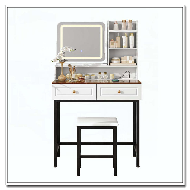 Makeup Vanity with LED Lighted Mirror and Stool