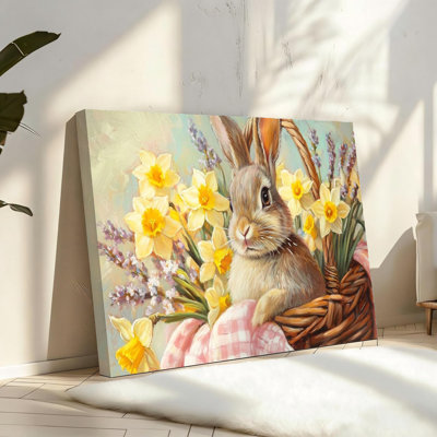 Sprintime lapin de Pâques, reproduction d'art sur toile, cadre en bois massif, art mural botanique, 16 x 24 pouces. Gris