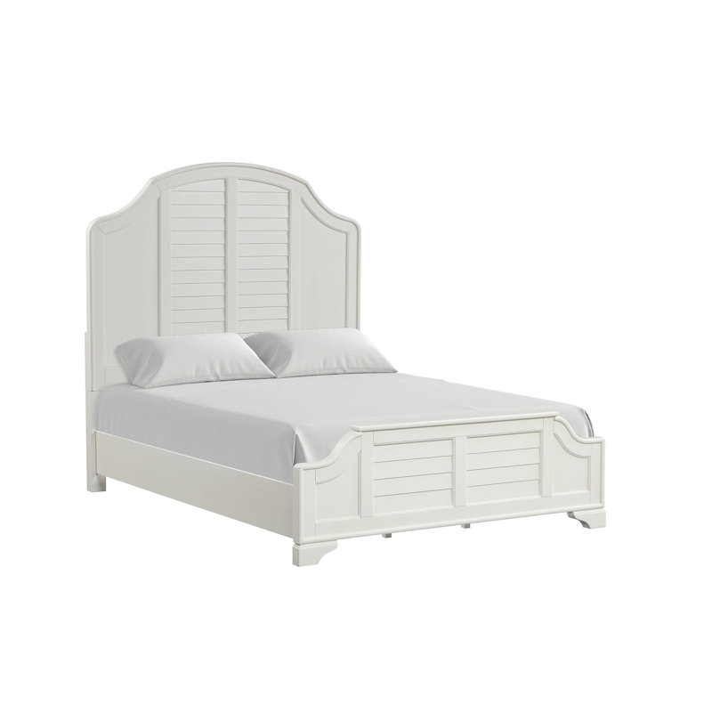 Lit Queen Size blanc antique, 1 pièce, mobilier de chambre à coucher, cadre de lit à panneaux, style côtier, design à persiennes, HB