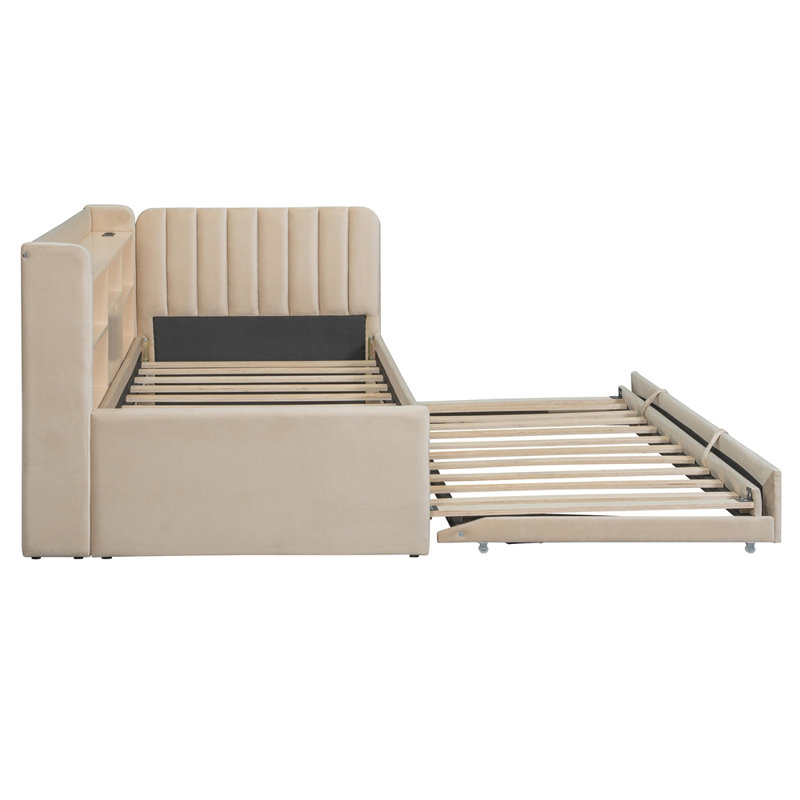 Twin Size Upholstered Daybed with Trundle, Storage Shelves, USB & Outlet, Beige