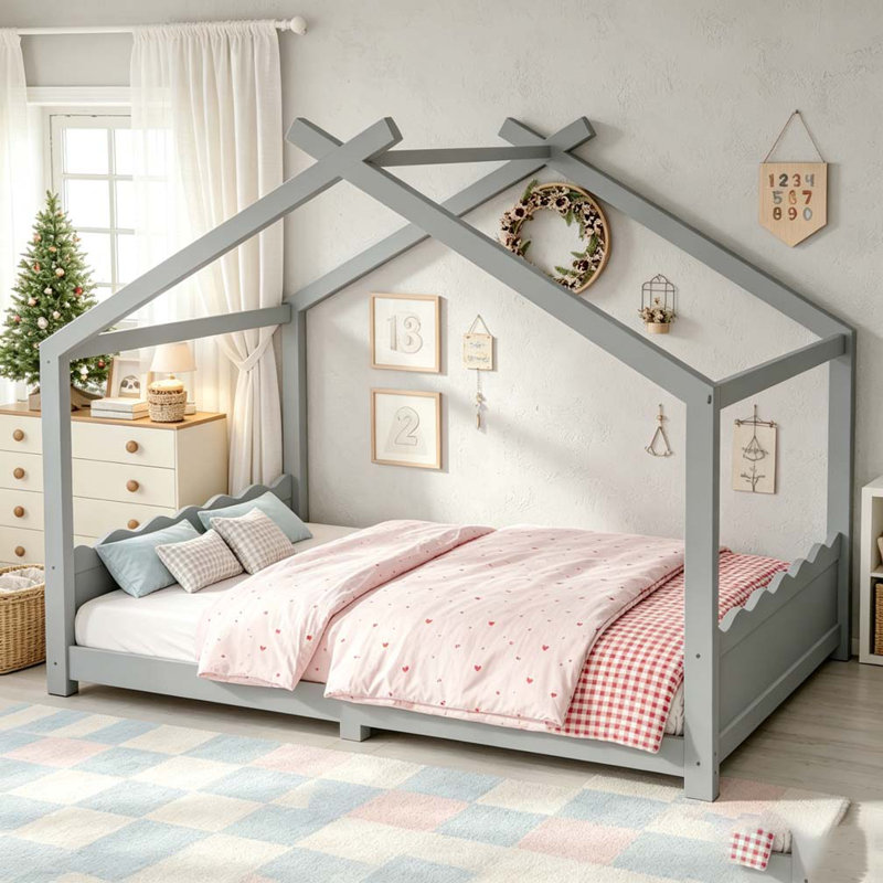 Lit de maison avec lattes de soutien, cadre de lit en bois massif pour enfants, aucun sommier et ouverture, gris, Double