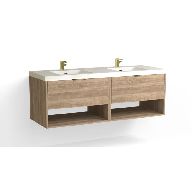 Modo 60" W Wall Mounted Double Bathroom Vanity, Glossy White/Single, Satin Brass, White Acrylic