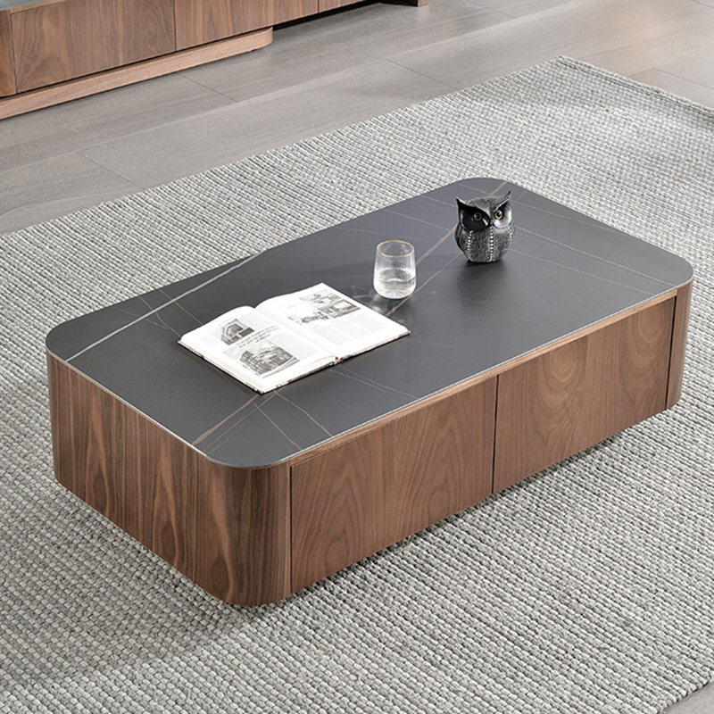 Modern simple square rock plate coffee table, Black, Walnut, 15" H x 55.1" L x 31.5" W