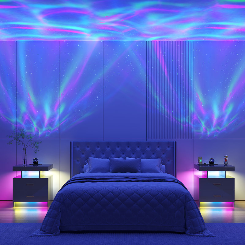 Bedside Table with RGB Sensor Lights, Starlight Projections, Charging Station, Bluetooth and Speaker, Grey