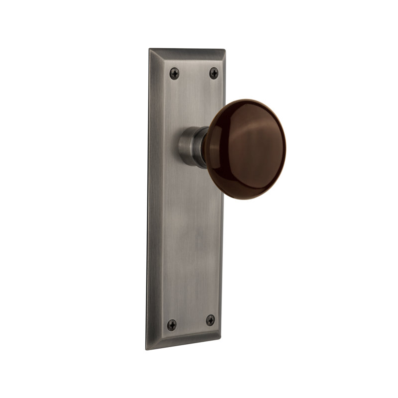 New York Plate with Brown Porcelain Door Knob, Antique Pewter