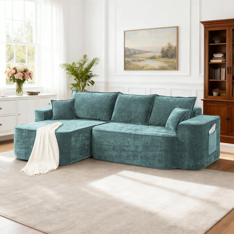 104" Modular Cloud Couch Compression L-Shaped Sectional Sofa with Chaise, Green Chenille
