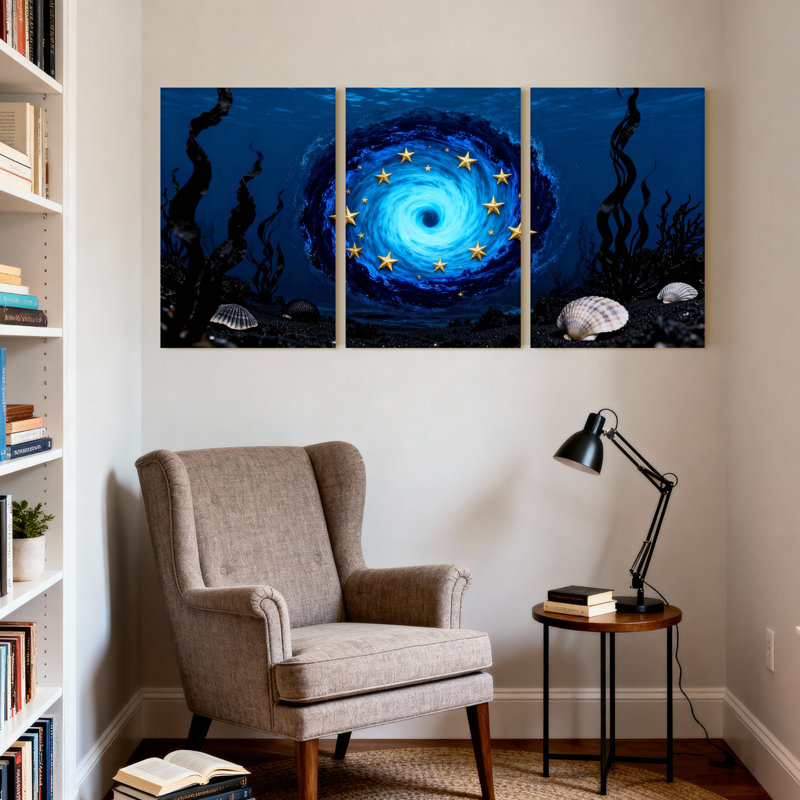 Vortex océan avec étoiles et coquillages, ensemble de 3 impressions sur toile, H 30 po x l 60 po