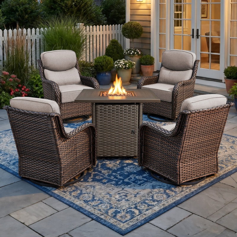 4 - Person Patio Furniture Chair Set With Fire Pit Table, 4 Swivel Glider Chairs With 6-Inch Cushions, Beige, Brown