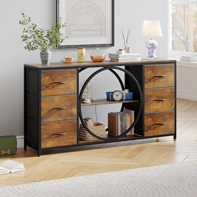 Console Table With 6 Drawers Storage Shelf Round Base Ind...