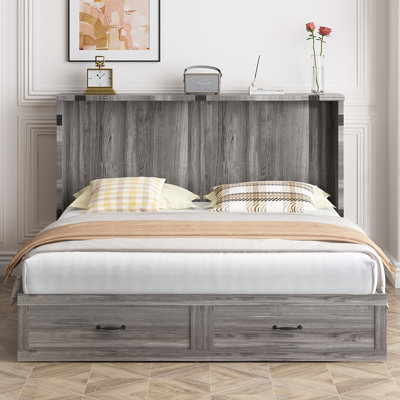 Queen Murphy Bed Cabinet with Built-in Charging Station & Drawers, Grey