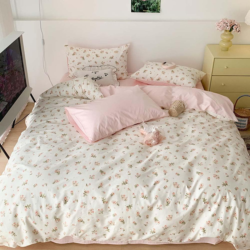 Pink Floral Duvet Cover Green Botanical Leaf Printed On White Spring Comforter Cover Soft Microfiber Aesthetic Bedding Set