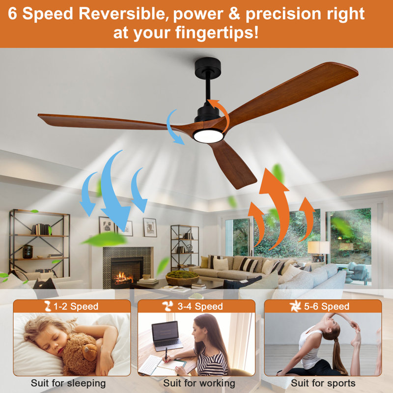 Ventilateur de plafond de 70 pouces avec lumière et télécommande, moteur à courant continu silencieux, lumière DEL à intensité variable, 3 pales en bois massif, ventilateur réversible à 6 vitesses, adapté à une utilisation intérieure à la maison
