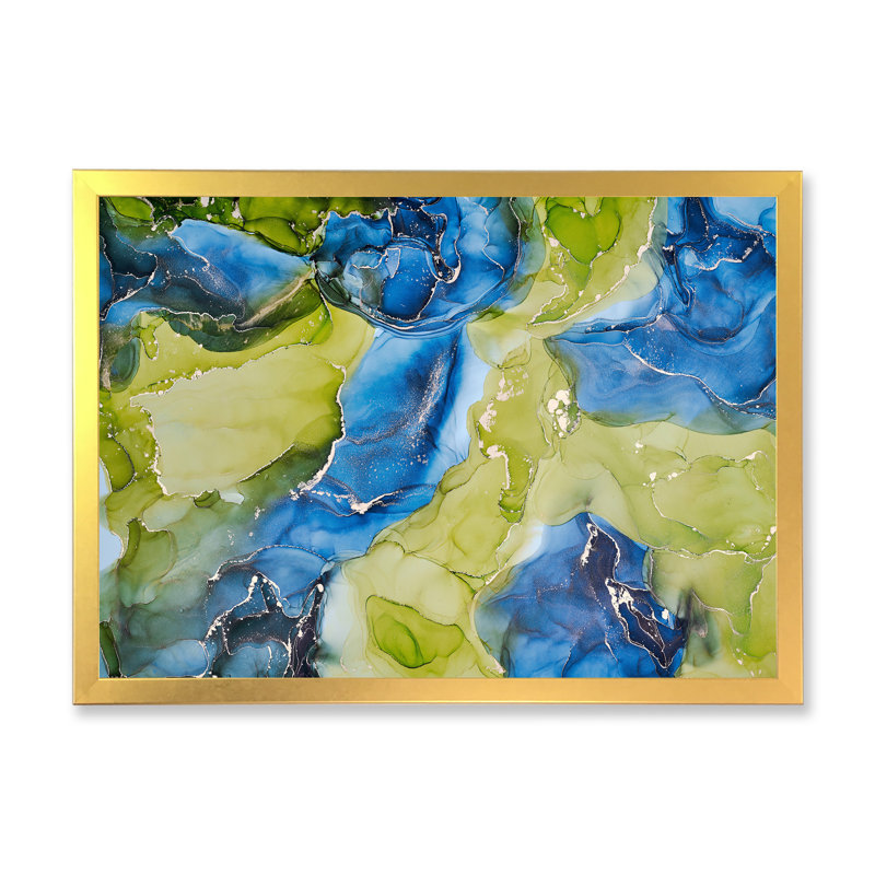 «Blue and Green Luxury Abstract Fluid», peinture sur toile, H 12 po x l 20 po x P 1 po, Cadre doré