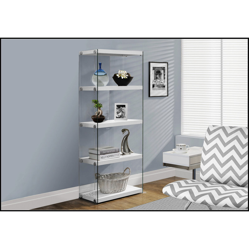 Bibliothèque moderne à 5 niveaux avec tablettes blanc brillant et côtés en verre trempé, parfaite pour l'organisation de bureau et de chambre à coucher